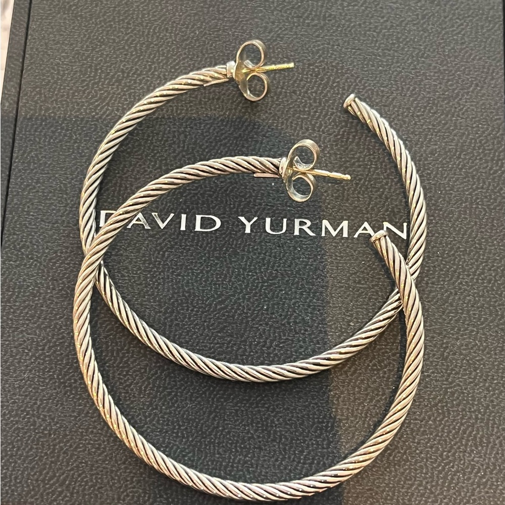 David Yurman Silver Hoop Earrings with Twisted Cable Design